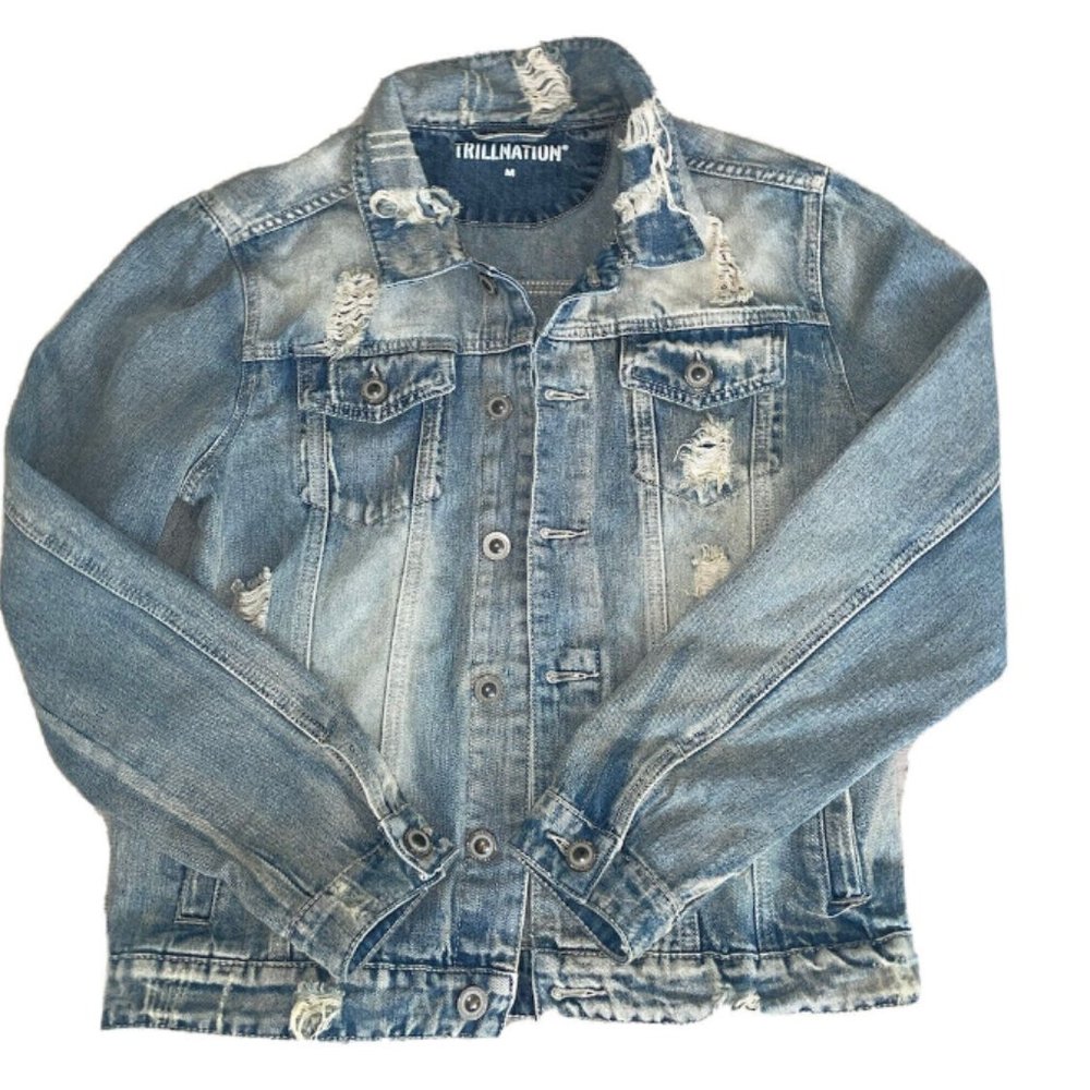 Trillnation Jean Denim Jacket Distressed Size M Y2K Vintage
